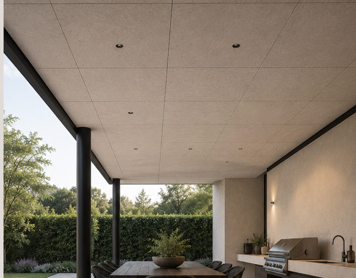 A soffit lined in board over a covered terrace