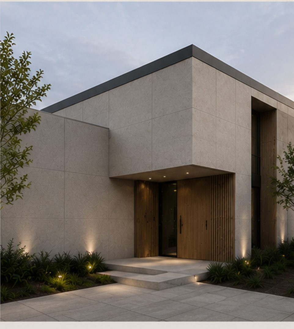 A house clad in fibre cement board, lit at dusk
